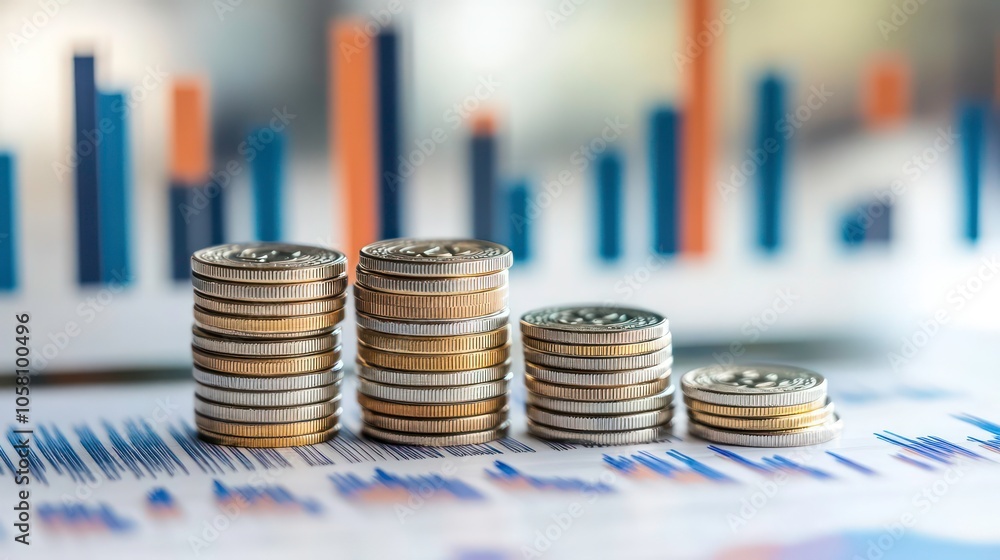Aufkleber a stack of coins on a financial report with a blurred background of bar charts.