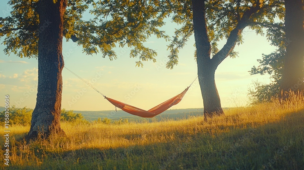 Poster A hammock hangs between two trees on a grassy hillside, with the setting sun in the background.
