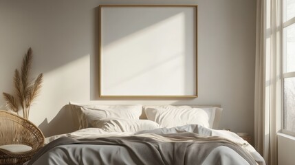 Minimalist Bedroom Interior Design with a Golden Frame Mockup