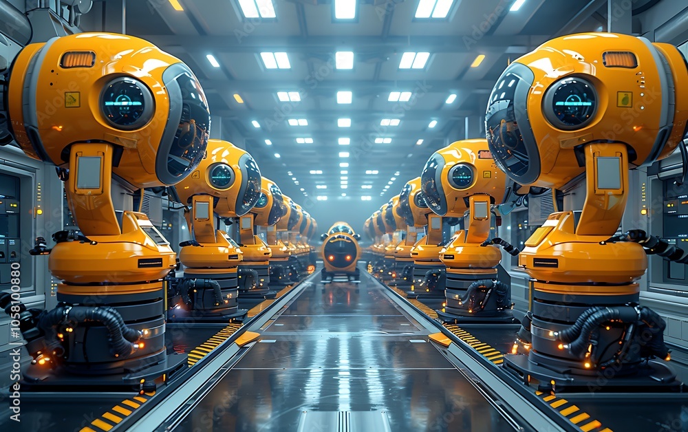 Poster A futuristic factory filled with advanced yellow robotic arms working in unison along a sleek assembly line.