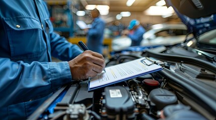 Mechanic in a Car Service Shop Writing a Job Checklist on a Clipboard While Evaluating an Engine for Repairs