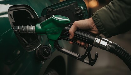 A close-up of a hand fueling a car with a green gas pump.