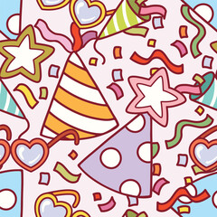 Seamless pattern cartoon of party hat and confetti colorful. Patterns related to festivals and celebrations. Pattern design for fabric and wrapping paper, wallpaper and fashion prints.