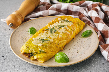 Delicious Homemade Omelette: Fresh Ingredients with Cheese, Mushrooms, and Vegetables