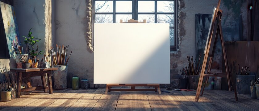 Empty Canvas on Easel in Artist Studio with Natural Light - Mockup for Artwork, Painting, or Design