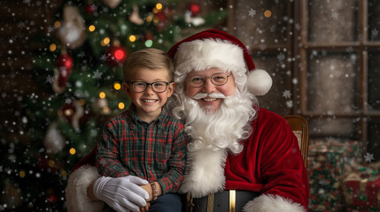 During Christmas celebration, friendly Santa Claus with  joyful beard shared an emotional moment with  glad boy, embodying  spirit of holiday and spreading optimism during this special occasion.