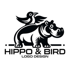 Hippo And Bird Vector Logo Design