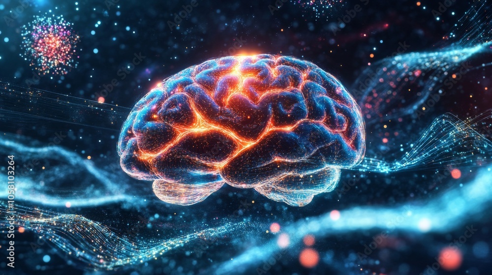 Poster A glowing 3D model of a brain against a dark blue background with swirling digital lines.