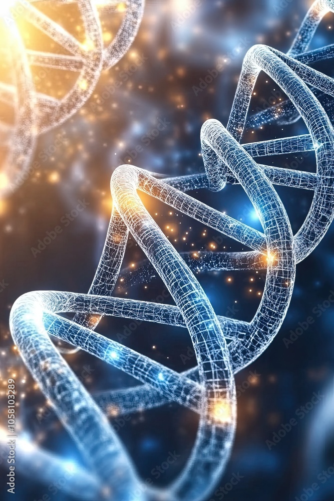 Poster exploring glowing geometric dna double helix structures in a vibrant biochemical network