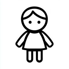 A cartoon-style girl doll figurine is illustrated in black lines, featuring a simple design and minimalist details against a clean white background, icon