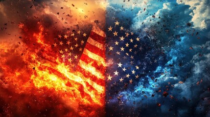 Fototapeta premium American Flag Burning in Fire and Ice, Divided Nation Concept.