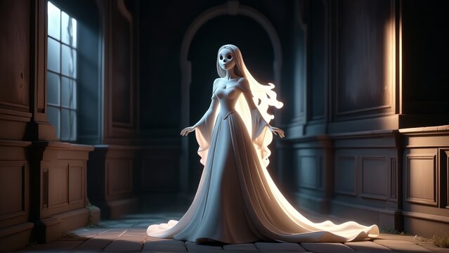 Ethereal ghost bride in moonlit gothic hallway