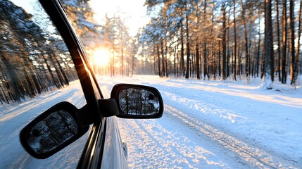 A sleek electric vehicle is plugged into a charger surrounded by snow-covered trees on a winter day