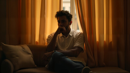 Fototapeta premium A Thoughtful Man in a Cozy Nook Surrounded by Matching Curtains