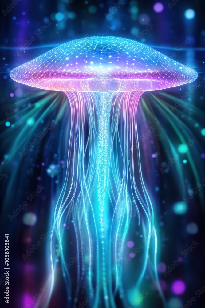 Aufkleber Illuminated Jellyfish Surrounded by Sacred Geometry and Vibrant Cosmic Patterns