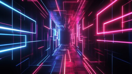 Abstract Neon Corridor with Blue and Pink Glowing Lines - Futuristic Digital Background.