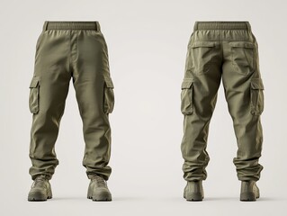 Green Cargo Pants with Elastic Waistband and Pockets Mockup - Front and Back View.