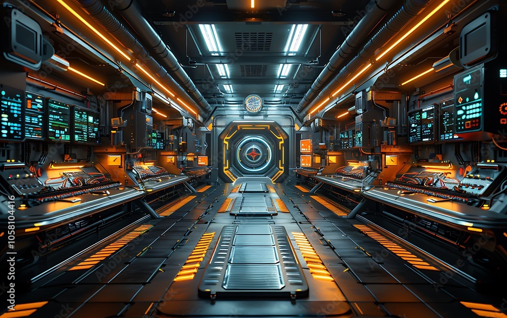 Poster a futuristic interior of a high-tech spaceship, featuring illuminated control panels, sleek surfaces