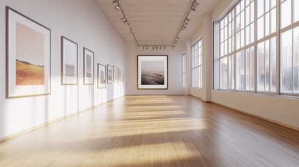 Minimalist Gallery Interior with Wooden Floor and Natural Light.