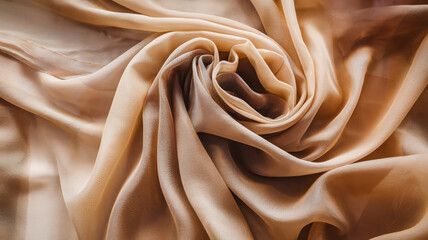 A close-up view of luxurious satin fabric in warm beige tones, elegantly twisted into a rose-like shape, highlighting its silky texture and sheen.