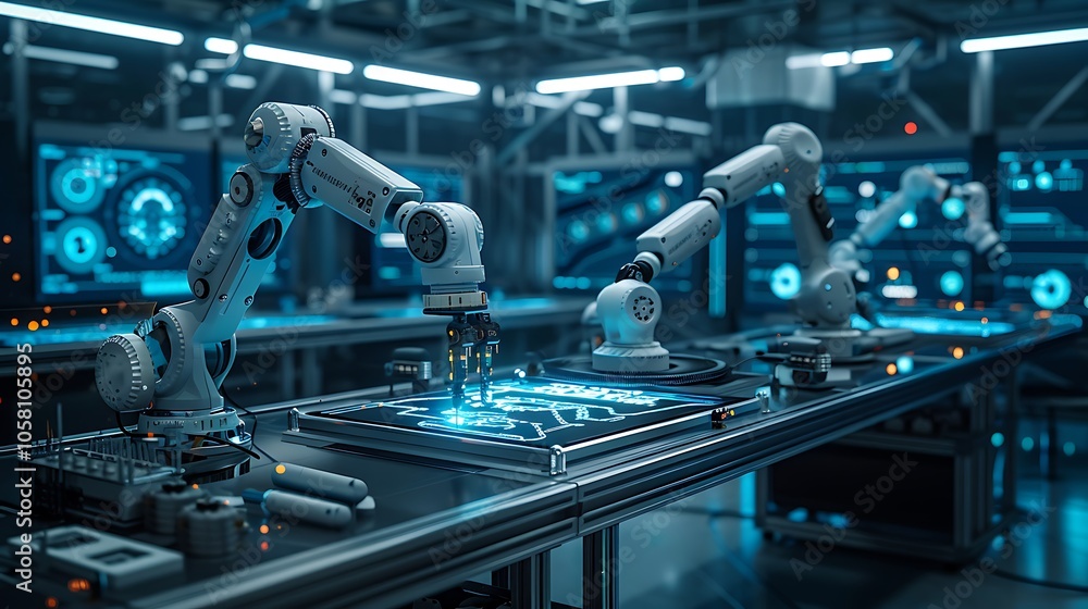 Aufkleber a futuristic workspace featuring robotic arms manipulating technology in a digital environment, show