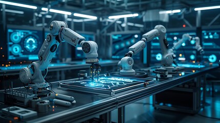A futuristic workspace featuring robotic arms manipulating technology in a digital environment, showcasing automation and advanced manufacturing.