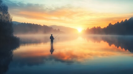 Fototapeta premium Silhouette of a Fisherman Casting a Line on a Calm Lake at Sunrise with Fog