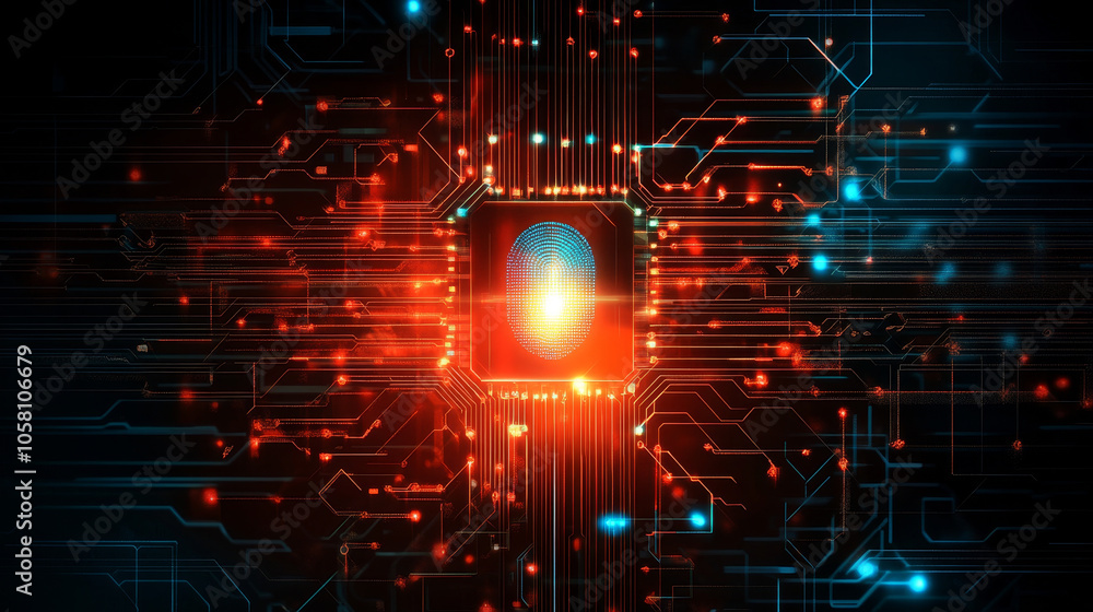 Poster luminous fingerprint on microchip symbolizes advanced technology and security. vibrant colors and in