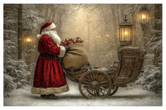 Santa Claus in a red robe with a carriage filled with gifts standing in a snow covered path under a lamppost evoking old world holiday charm and seasonal magic