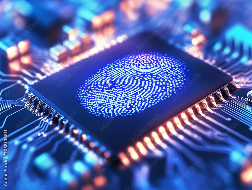 Poster artistic microchip design featuring glowing fingerprint pattern, symbolizing technology and security