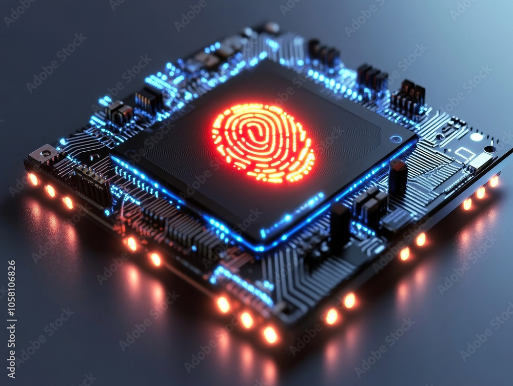 Poster artistic microchip design featuring glowing fingerprint, symbolizing security and technology. intric