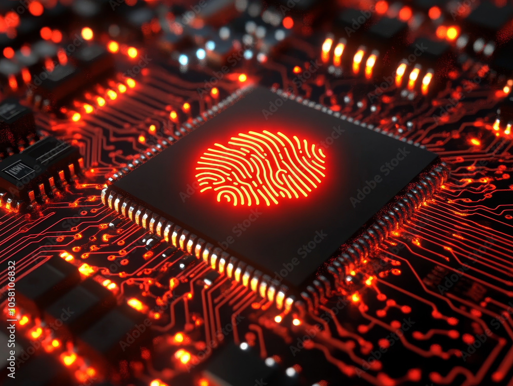 Aufkleber artistic microchip design featuring glowing fingerprint on circuit board, symbolizing technology and