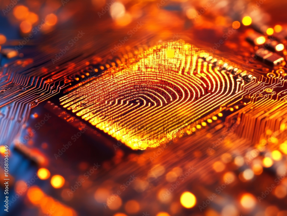 Poster artistic representation of microchip with digital fingerprint design, showcasing technology and inno