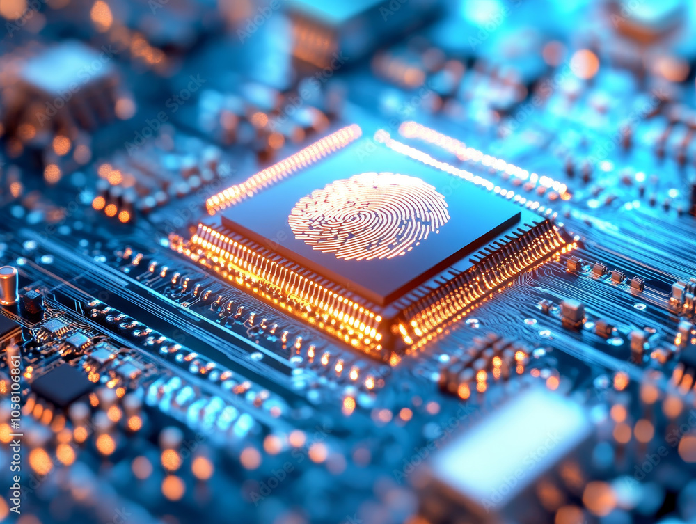 Poster close up of microchip with bright fingerprint design, showcasing intricate circuitry and glowing ele