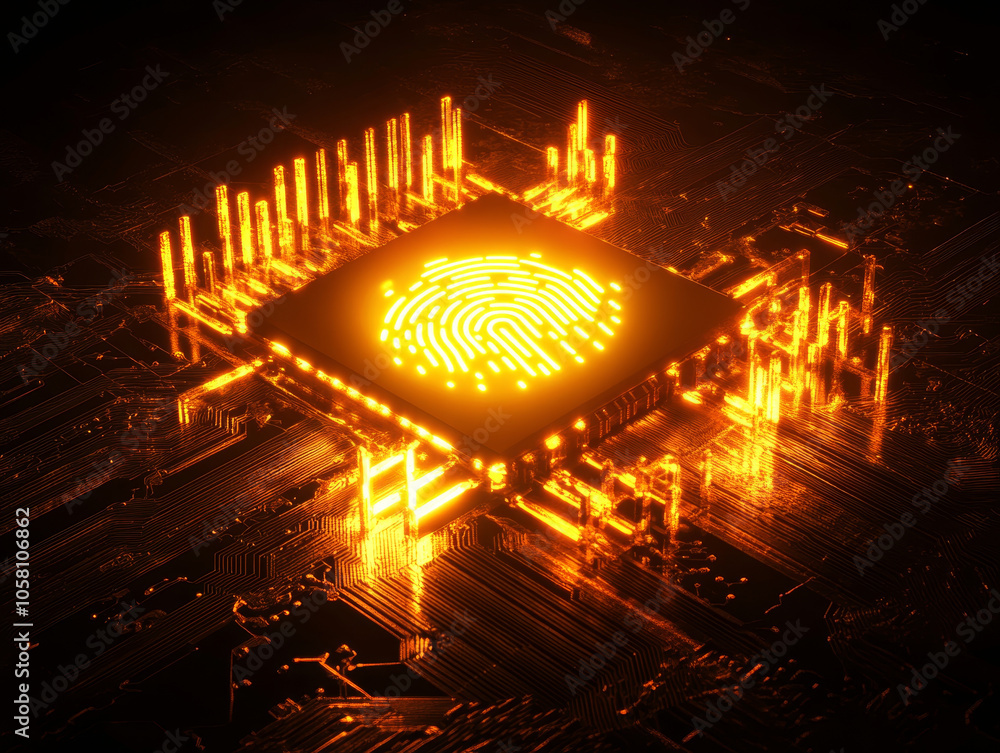 Poster artistic representation of glowing microchip with fingerprint design, symbolizing technology and sec