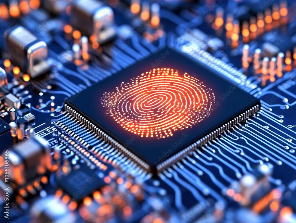 Aufkleber close up of microchip featuring bright fingerprint design, showcasing intricate circuitry and glowin