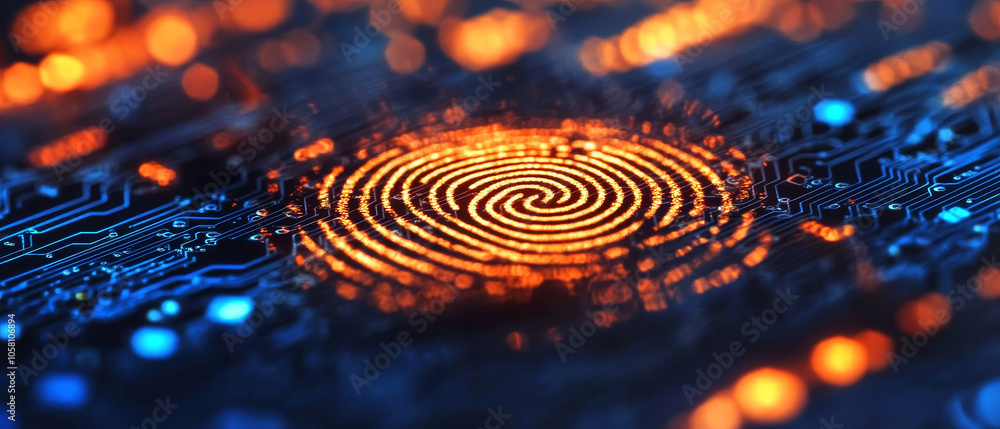 Poster digital fingerprint glowing on microchip, showcasing technology and innovation. intricate design hig