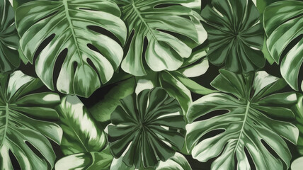 A vibrant arrangement of lush green monstera leaves, showcasing their distinct split patterns and various shades of green, creating a tropical atmosphere.