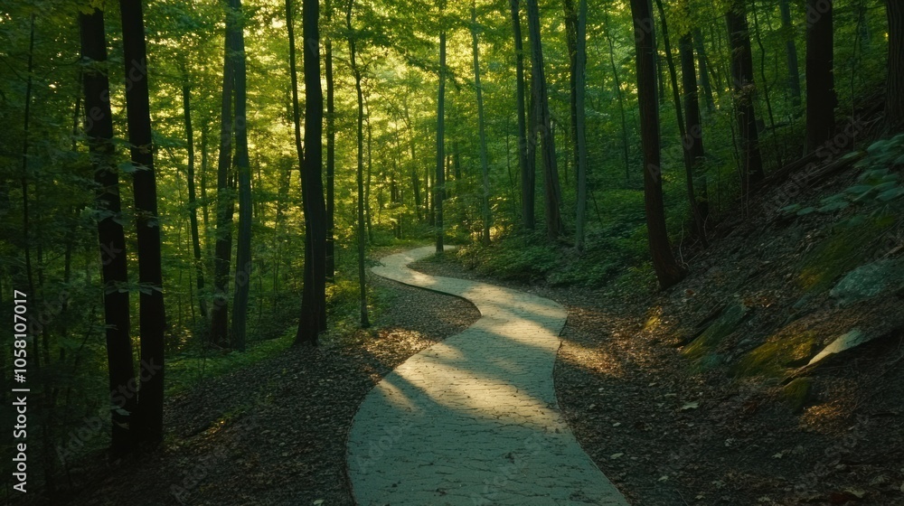 Poster A winding path through a lush green forest, sunlight filtering through the trees.