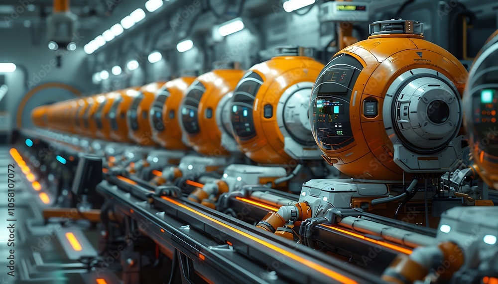 Poster a futuristic assembly line featuring robotic units with orange spherical designs, set in a high-tech