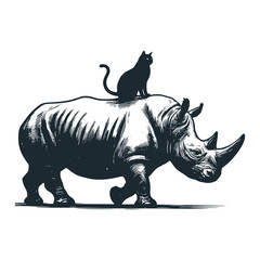 cat and rhino. Black white vector illustration.