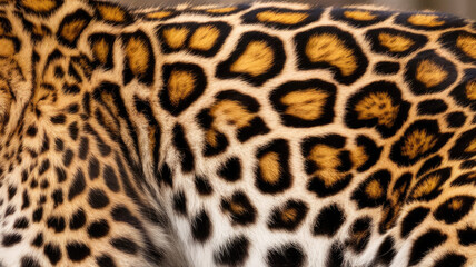 Close-up of a leopard's distinctive fur pattern, showcasing its vibrant golden and black spots against a soft white underfur.