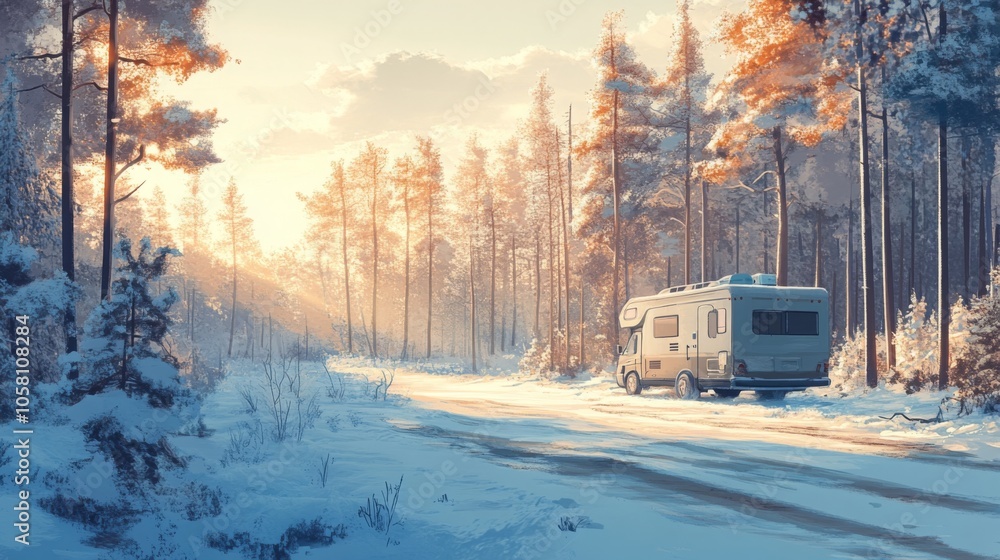 Poster a camper stands quietly on a snowy path, surrounded by tall pine trees as the sun sets in the backgr