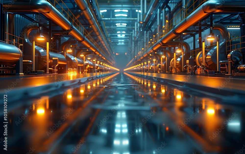 Poster a dimly lit industrial corridor featuring rows of glowing machinery and reflective floors, creating 