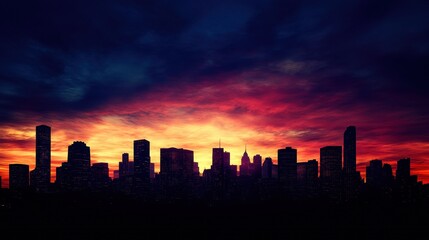 Dramatic Sunset Over City Skyline Silhouette with Red and Orange Clouds.