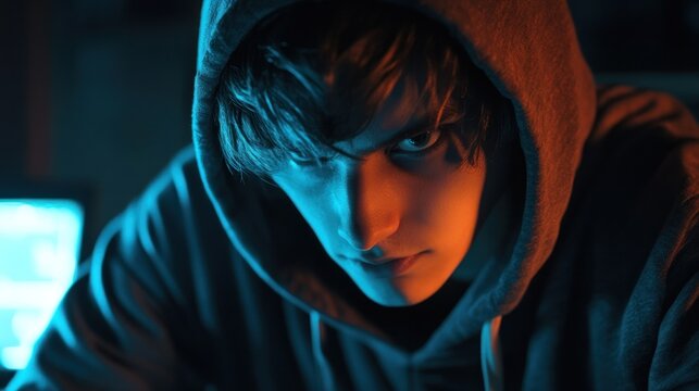 A mysterious man in a hood is illuminated by the neon lights of an AI-generated image - Powered by Adobe