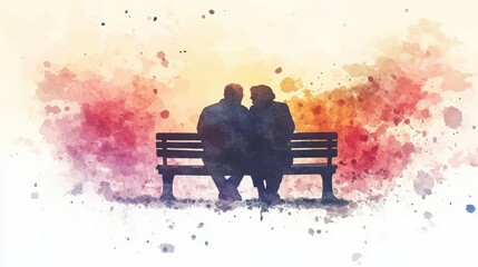 Watercolor Painting of a Couple Sitting on a Bench in the Sunset.