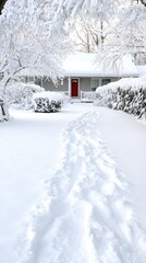 A charming gray craftsman house features a vibrant red door, set against a thick layer of snow in Long Island, New York during winter