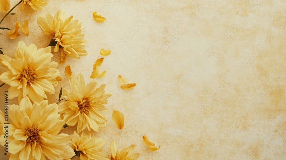 Poster a vibrant arrangement of yellow flowers with delicate petals is placed on a soft, textured backgroun