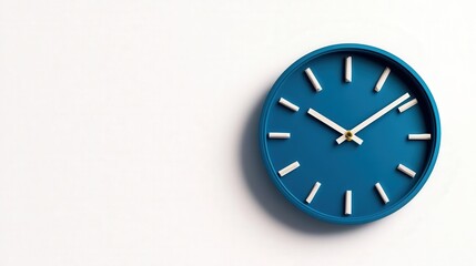 Blue wall clock on a white background, modern design, minimalistic style.